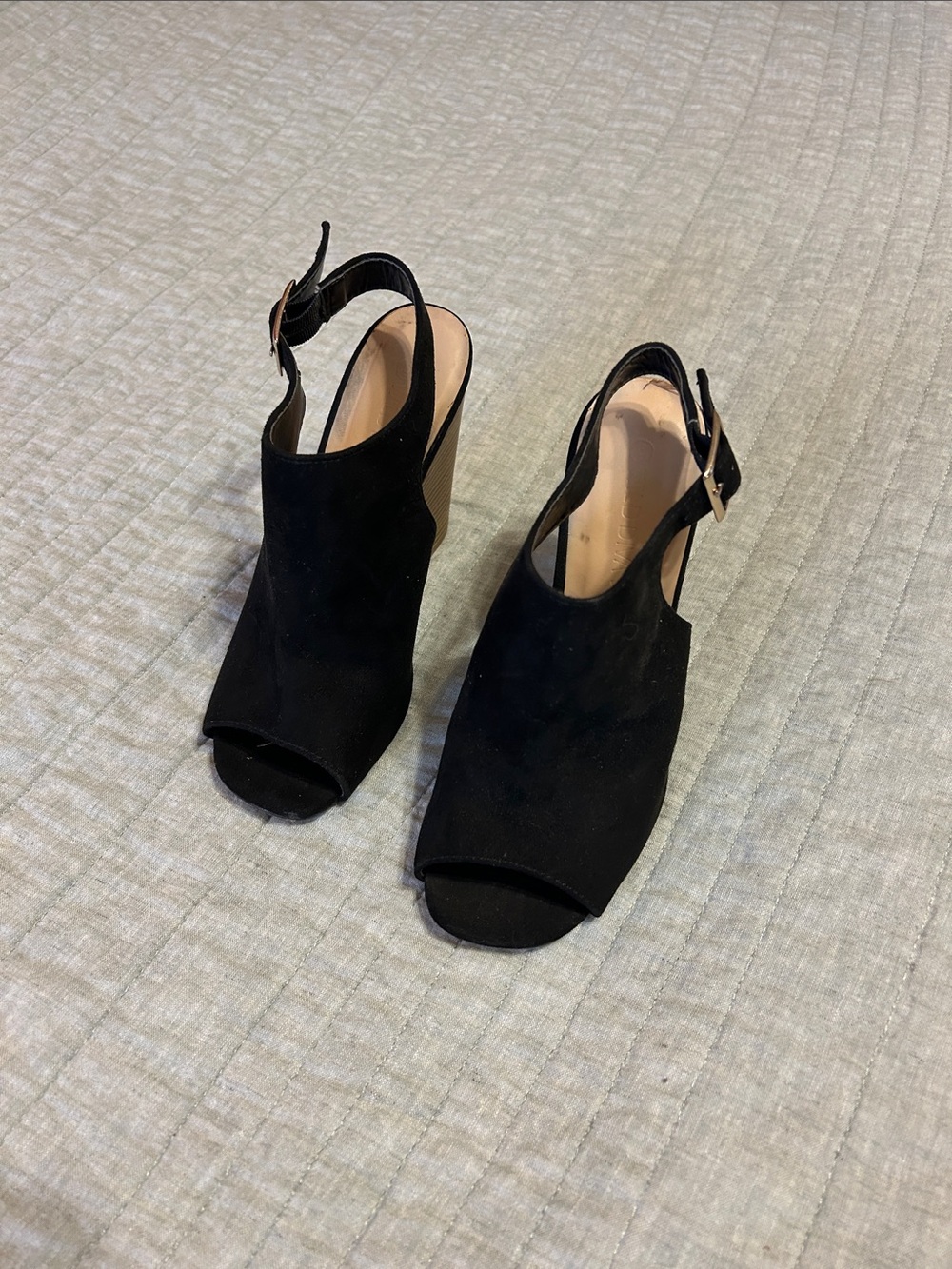 Wild Diva Black Suede Open-Toe Slingback Wedge Sandals